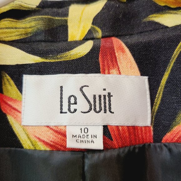Le Suit Suit Coat Blazer Jacket Black Red Yellow Floral Linen Blend Womens 10 - Picture 5 of 7
